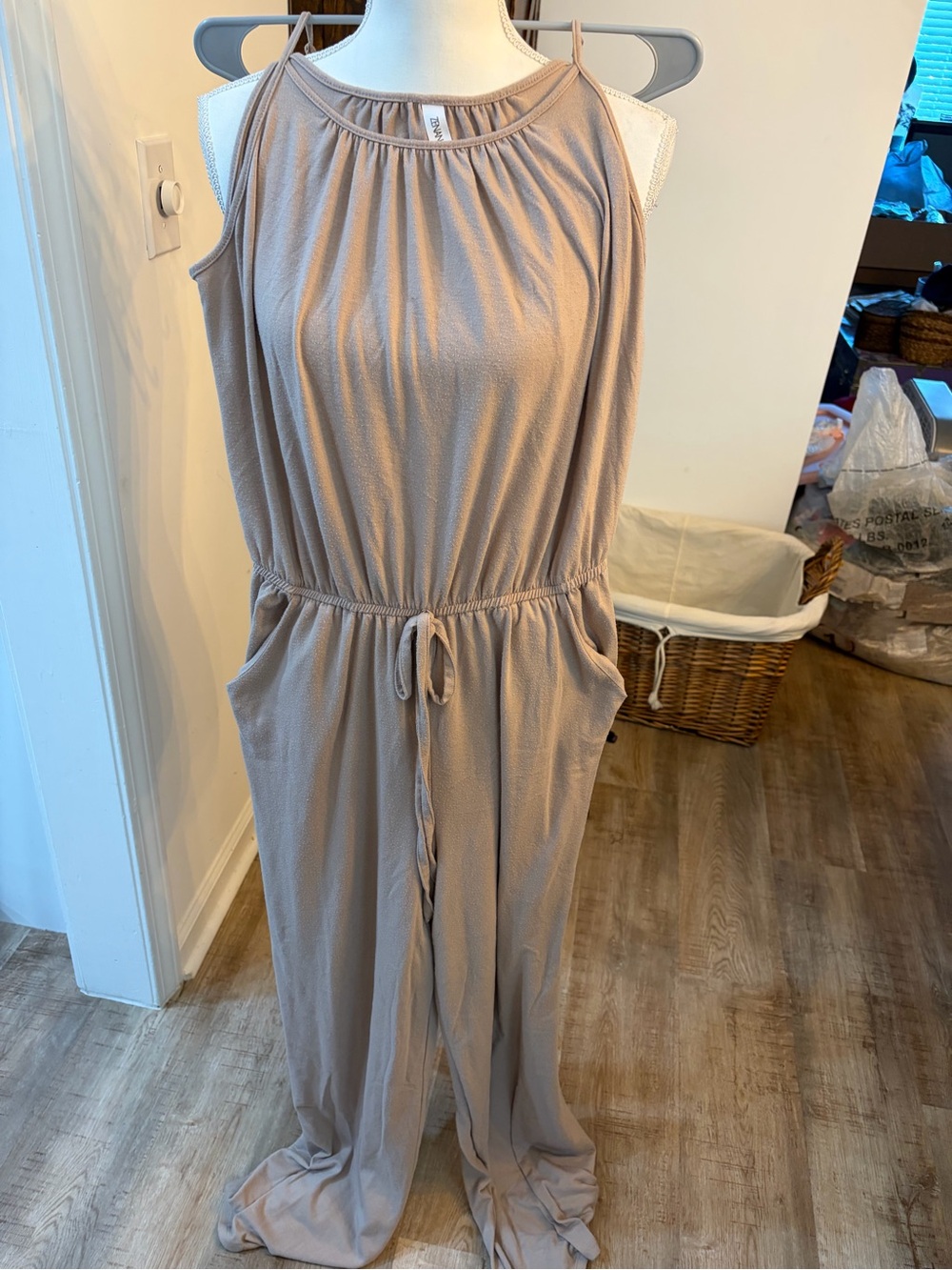 Zenana Outfitters Sleeveless Drawstring Jumpsuit in Beige Taupe